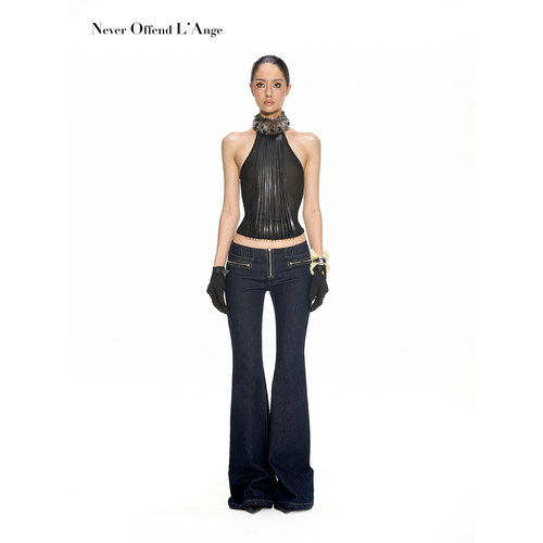 蓝拉链修身显瘦直筒微喇牛仔裤