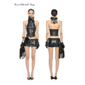 NOLA 黑色系007重工拉链分割线收腰紧身弹力皮吊带挂脖上衣