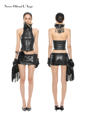 NOLA 黑色系007重工拉链分割线收腰紧身弹力皮吊带挂脖上衣