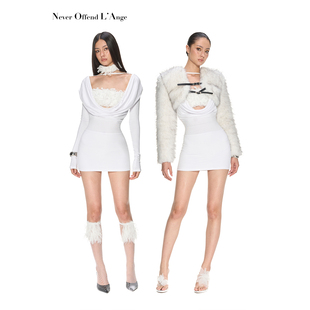 包臀连衣裙套装 圣诞氛围荡领褶皱软糯毛毛针织长袖 白色恋人 NOLA