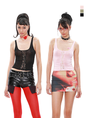 NOLA* Lace Top辣妹超爱蕾丝微透吊带背心 粉/黑/绿三色