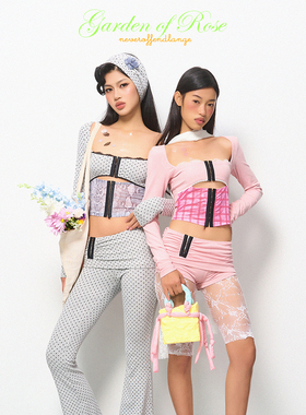 NOLA 少女情怀 粉灰格纹波点拼接蕾丝针织长袖褶皱短裤长裤套装女