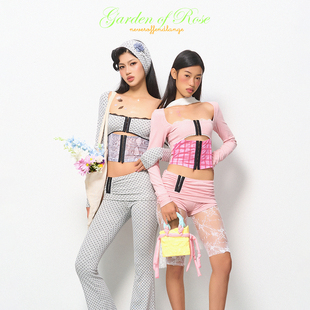 少女情怀 套装 粉灰格纹波点拼接蕾丝针织长袖 长裤 女 褶皱短裤 NOLA