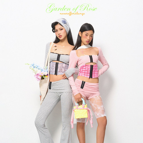 NOLA 少女情怀 粉灰格纹波点拼接蕾丝针织长袖褶皱短裤长裤套装女