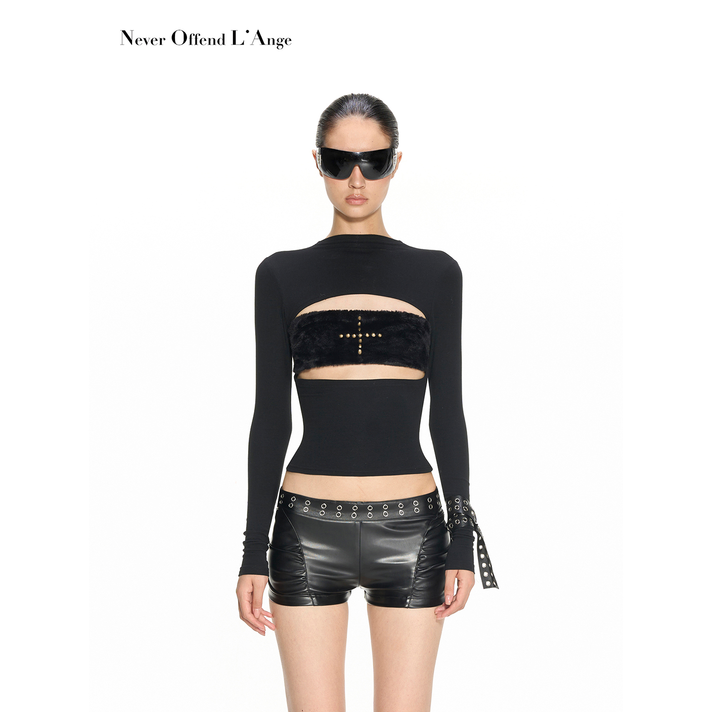 绑带分割拼接毛毛T恤