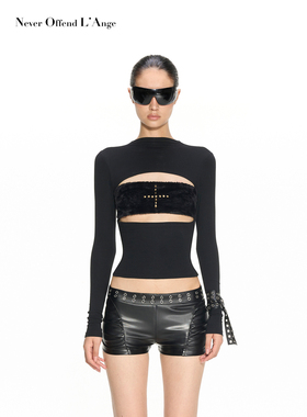 NOLA绑带分割设计感拼接毛毛十字架紧身显瘦针织打底抹胸长袖上衣