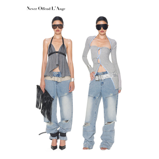 脚倒穿水洗浅蓝破洞解构风阔腿宽松直筒牛仔裤 NOLA 腰头裤