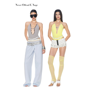 NOLA 波纹蕾丝深V开衩异形金属扣logo橡筋腰头露背挂脖吊带连体衣