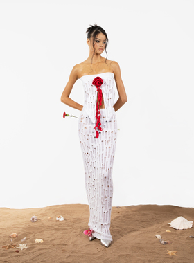 NOLA*Beach Set 白色玫瑰度假镂空性感沙滩抹胸长裙套装