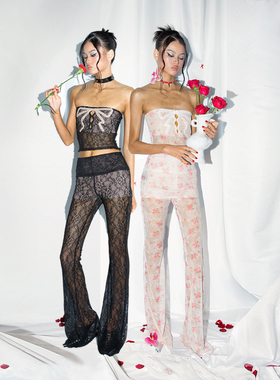 NOLA*Lacesuits“蝴蝶印记”复古碎花黑色蕾丝镂空紧身抹胸裙长裤