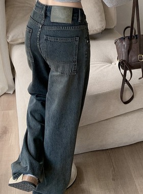 LEMON  腰宽松蓝灰色直筒裤拖地裤 皮牌设计大口袋牛仔裤长裤075