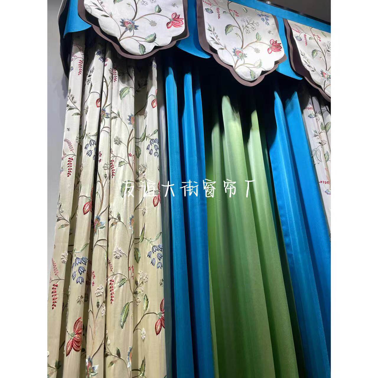 友谊大街奶油色真丝底布荷花刺绣法式中国风窗帘别墅客厅遮光定制