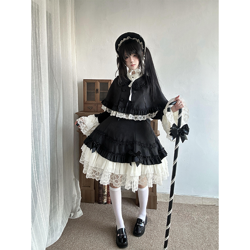 日系学院风穿搭甜美Lolita裙蓬蓬连衣裙黑色斗篷两件套女洛丽塔