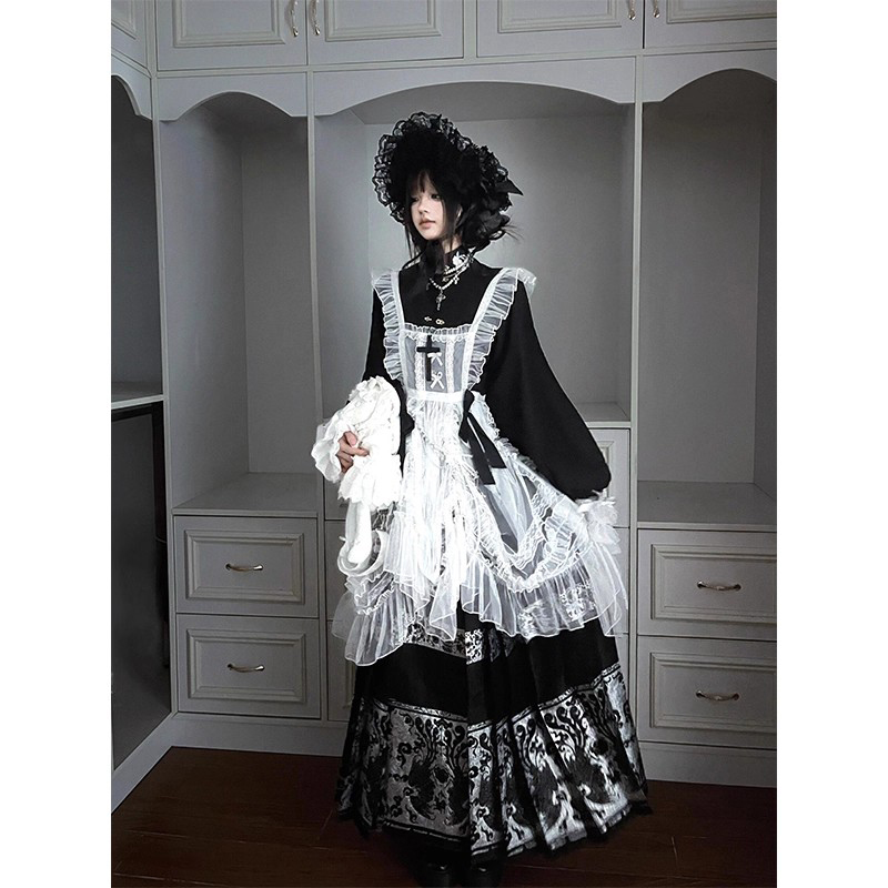 汉洋折衷汉服女暗黑哥特风黑色上衣马面裙洛丽塔lolita裙华丽优雅
