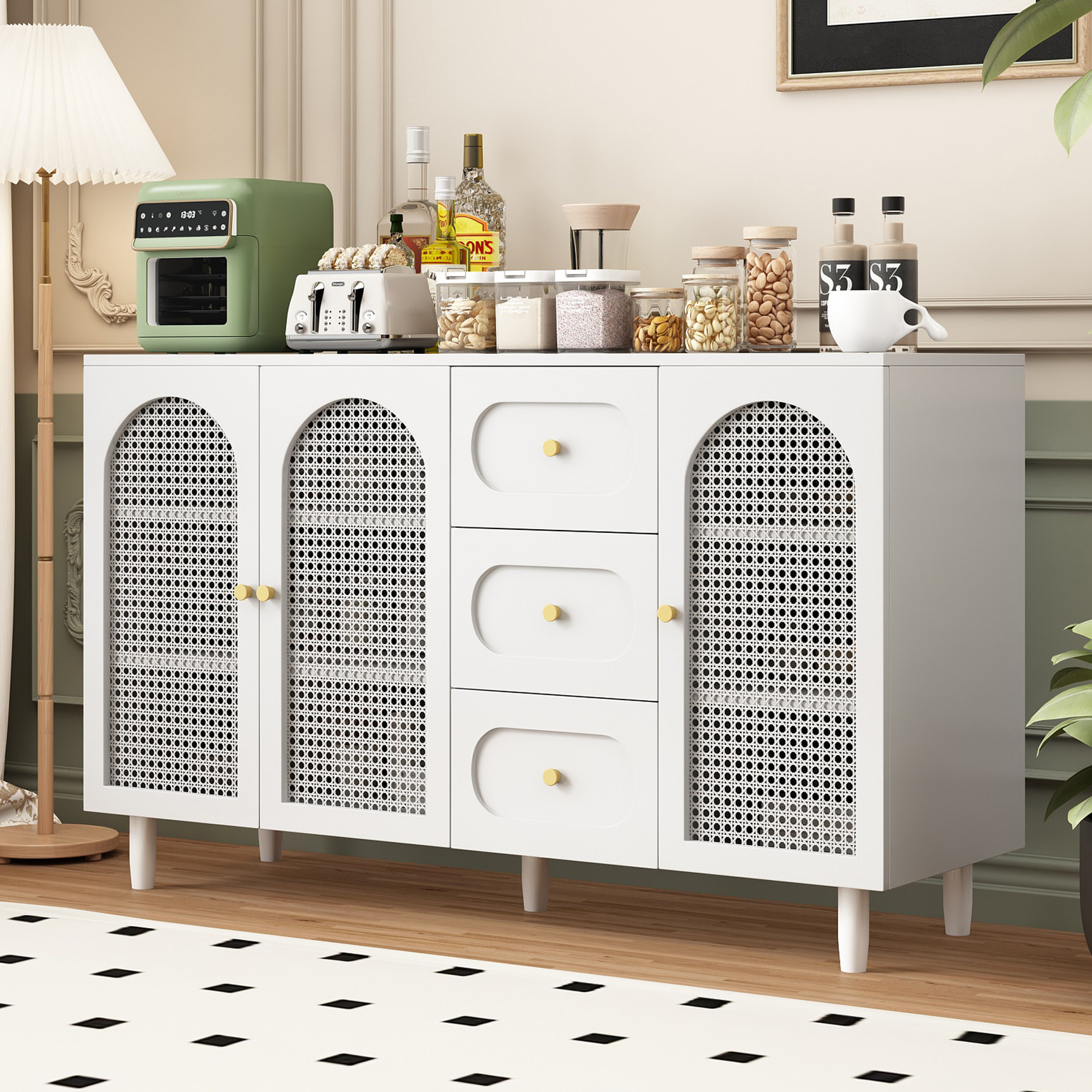 法式餐边柜奶油风茶水柜藤编靠墙储物柜客厅防尘收纳抽屉柜置物柜,住宅家具,餐边柜,淘宝优惠券,粉丝福利购,淘宝优惠卷