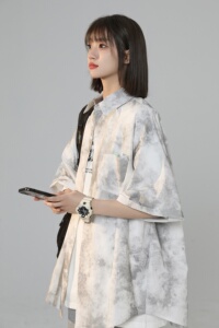 XZ-230-1CS222中性风清凉一夏水墨扎染全棉休闲短袖衬衫P48控68图片