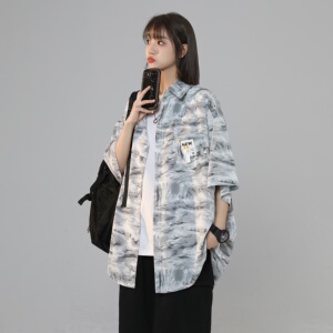 XZ-230-1CS220夏季新款中性风水墨扎染渐变休闲短袖衬衫P45控58图片