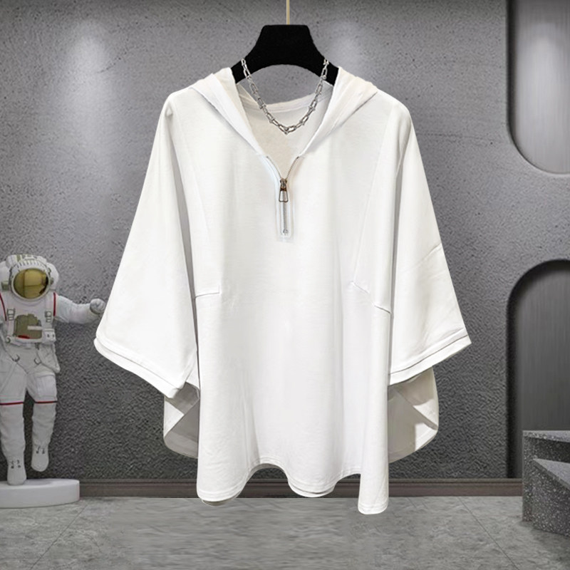 SOLID COLOR HALF ZIP BAT SLEEVE DESIGN SHORT SLEEVE T-SHIRT SUMMER TREND STUDENT LOOSE COUPLE HALF SLEEVE SHIRT MEN AND WOMEN