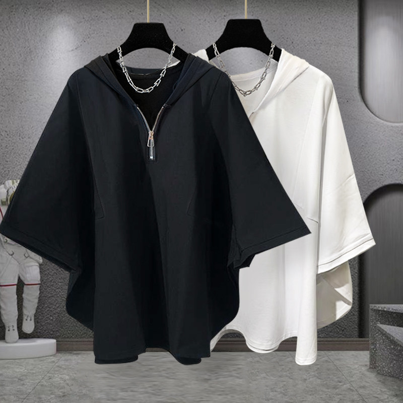 SOLID COLOR HALF ZIP BAT SLEEVE DESIGN SHORT SLEEVE T-SHIRT SUMMER TREND STUDENT LOOSE COUPLE HALF SLEEVE SHIRT MEN AND WOMEN
