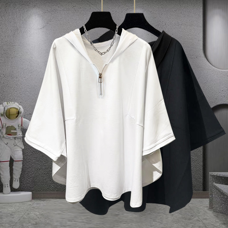 SOLID COLOR HALF ZIP BAT SLEEVE DESIGN SHORT SLEEVE T-SHIRT SUMMER TREND STUDENT LOOSE COUPLE HALF SLEEVE SHIRT MEN AND WOMEN