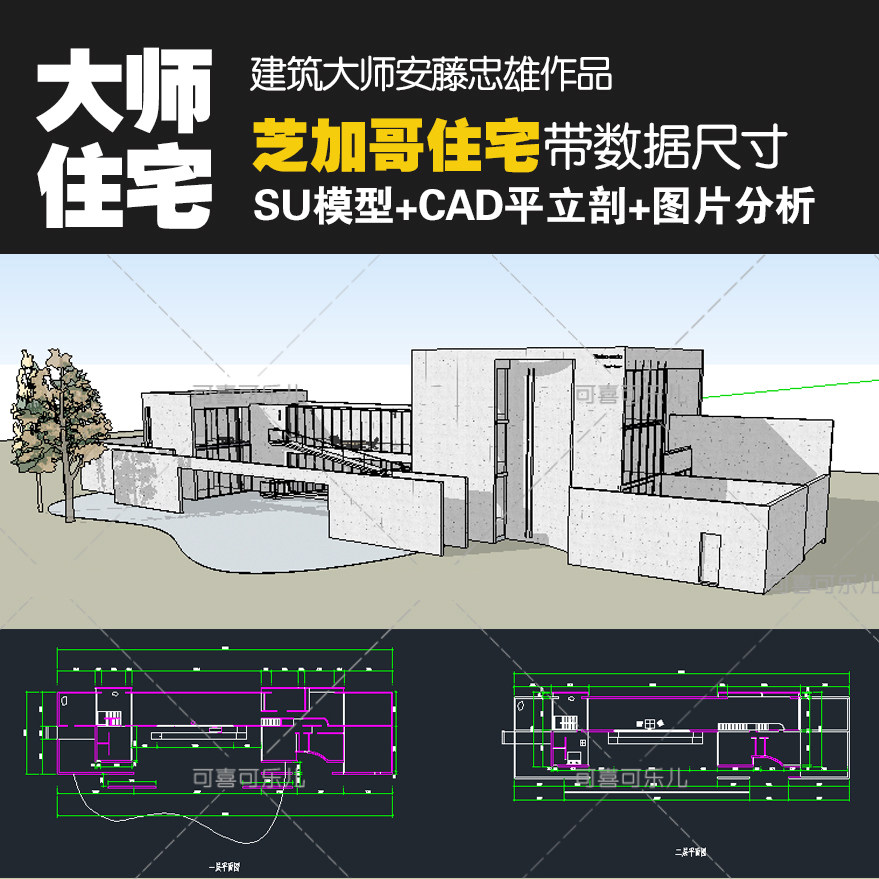 建筑大师安藤忠雄作品芝加哥住宅别墅su模型cad平立剖图纸分析
