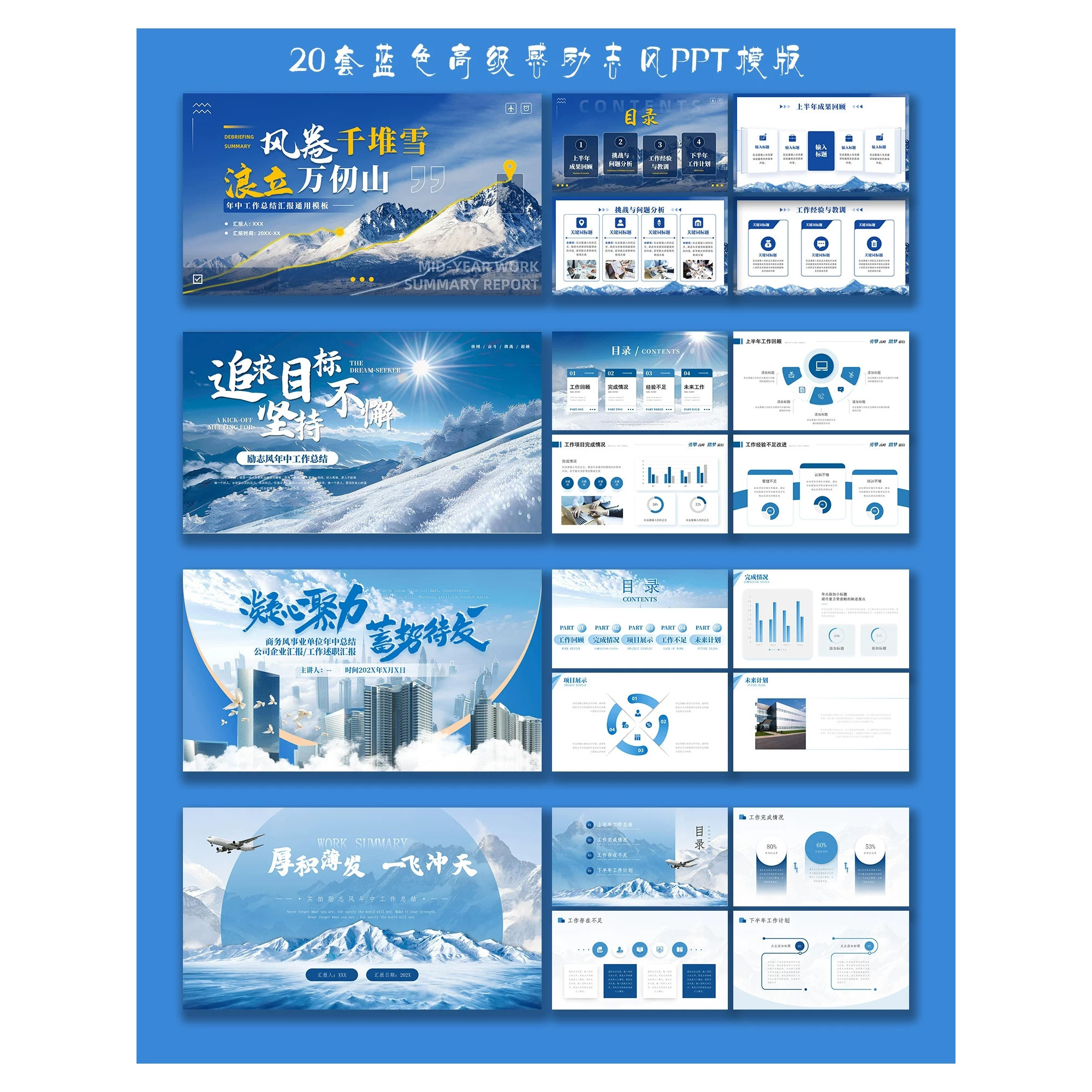 20套高级感蓝色励志商务风年终年中工作总结述职汇报动态ppt模板图片