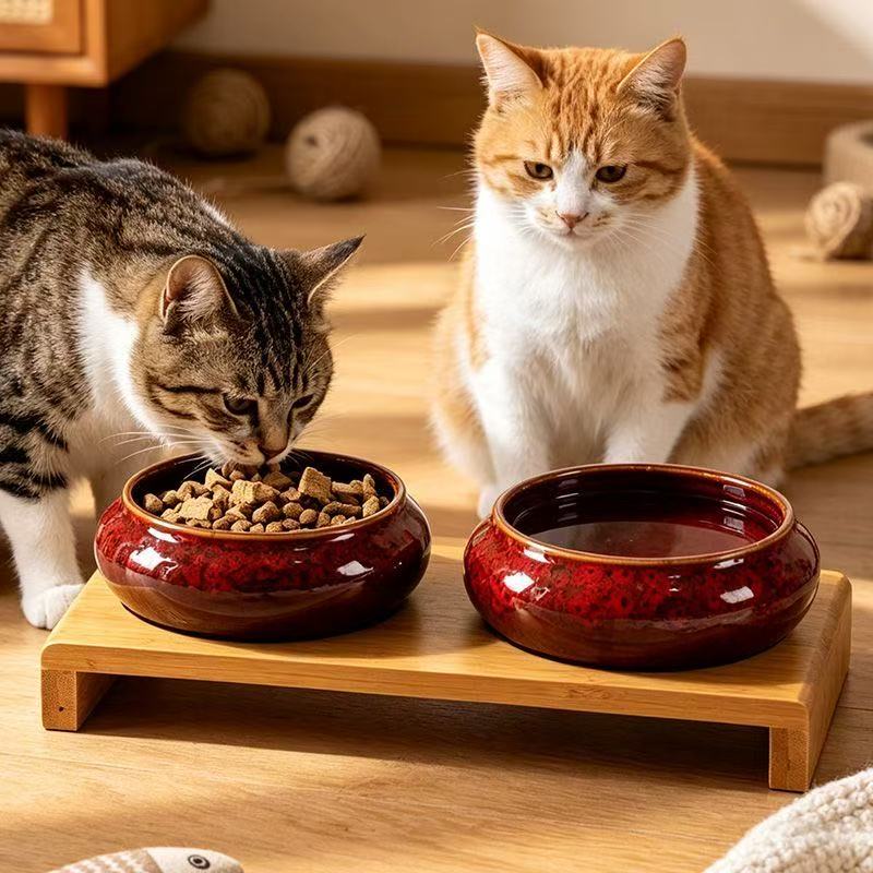 陶瓷猫狗双碗护颈防打翻