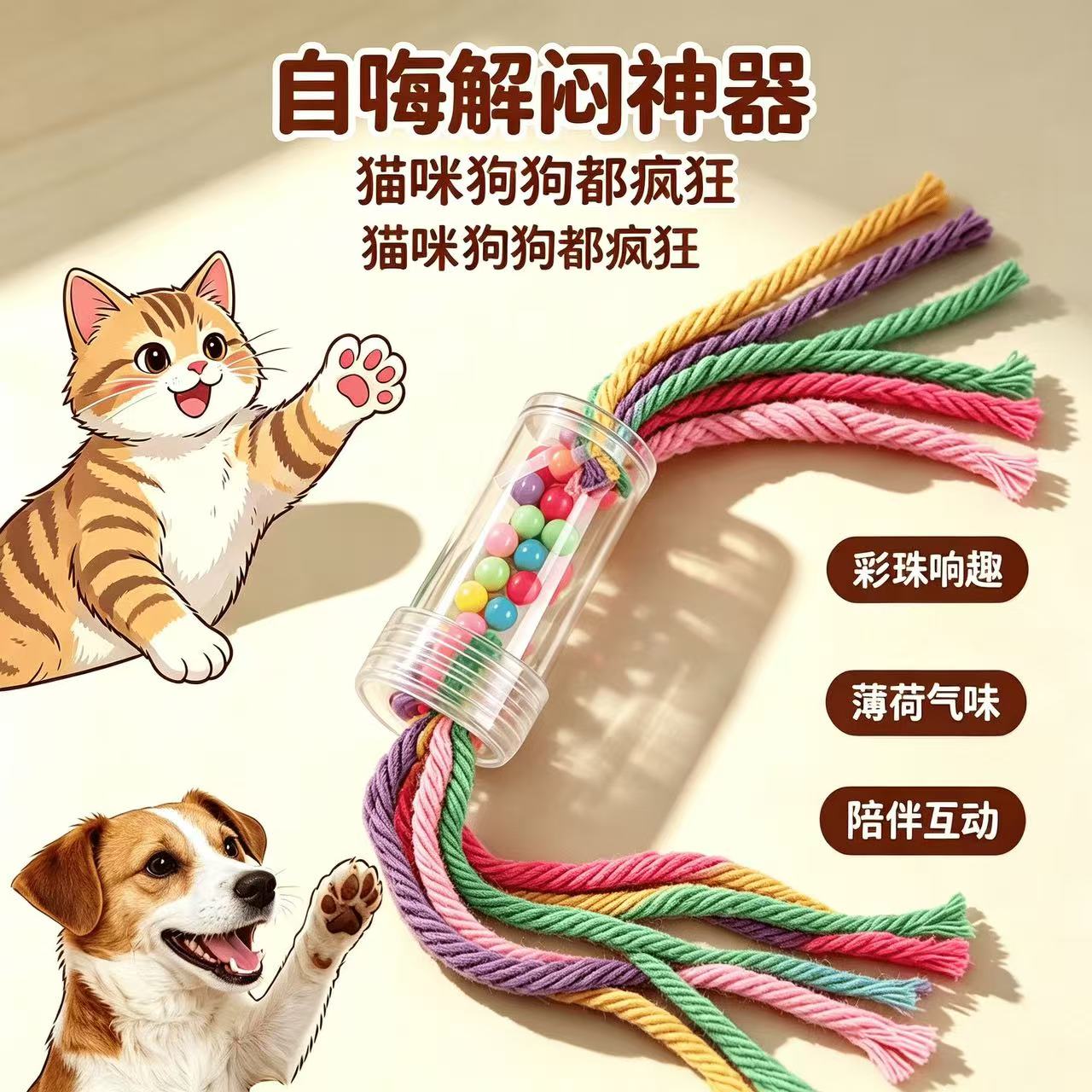 彩虹扭扭猫狗磨牙耐咬发声玩具