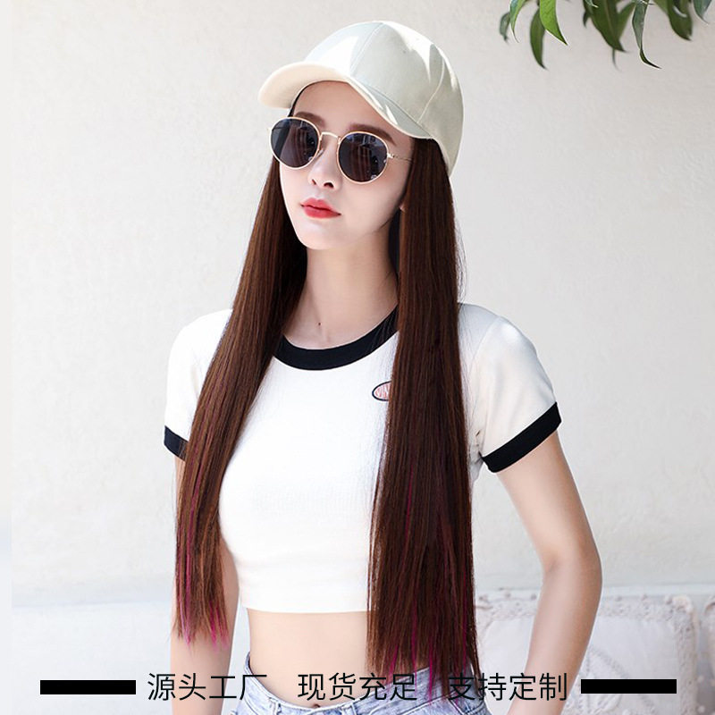 带帽子假发一体挑染长直发鸭舌帽假发帽欧美外贸高温丝假发帽