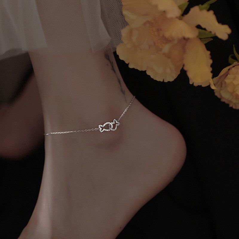 韩版精致亲吻鱼脚链女纯银