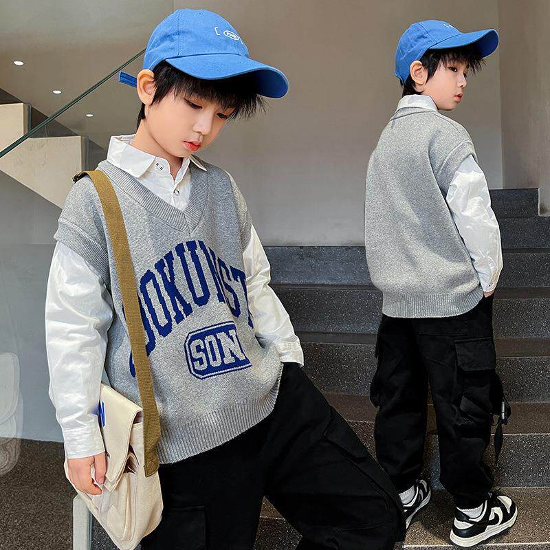 男童衬衫背心假两件毛衣韩版春秋款男孩时髦上衣2027新款春装批发