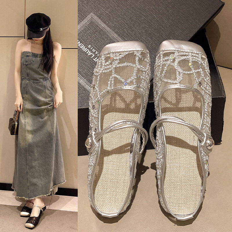 平底跟包头玛丽珍凉拖鞋女新款亮片网布气质凉鞋配裙子半拖鞋