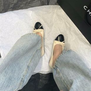 仙女风软皮拼色奶奶单鞋 蝴蝶结芭蕾舞平底浅口瓢鞋 新款 2027年春季