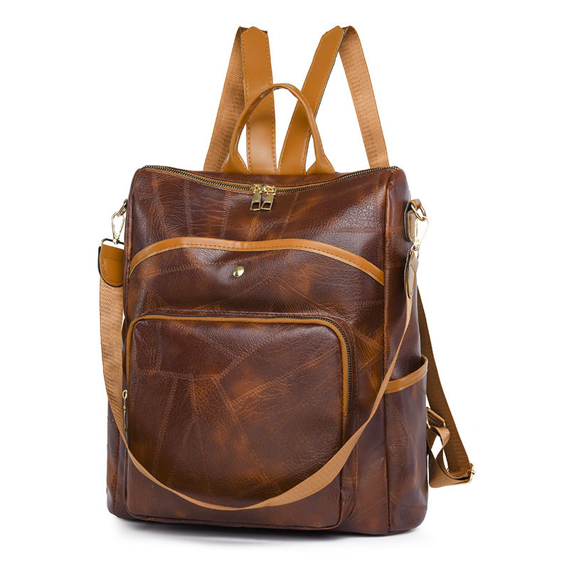 pu双肩包女2025新款大容量欧美复古女士休闲背包通勤两用通勤女包