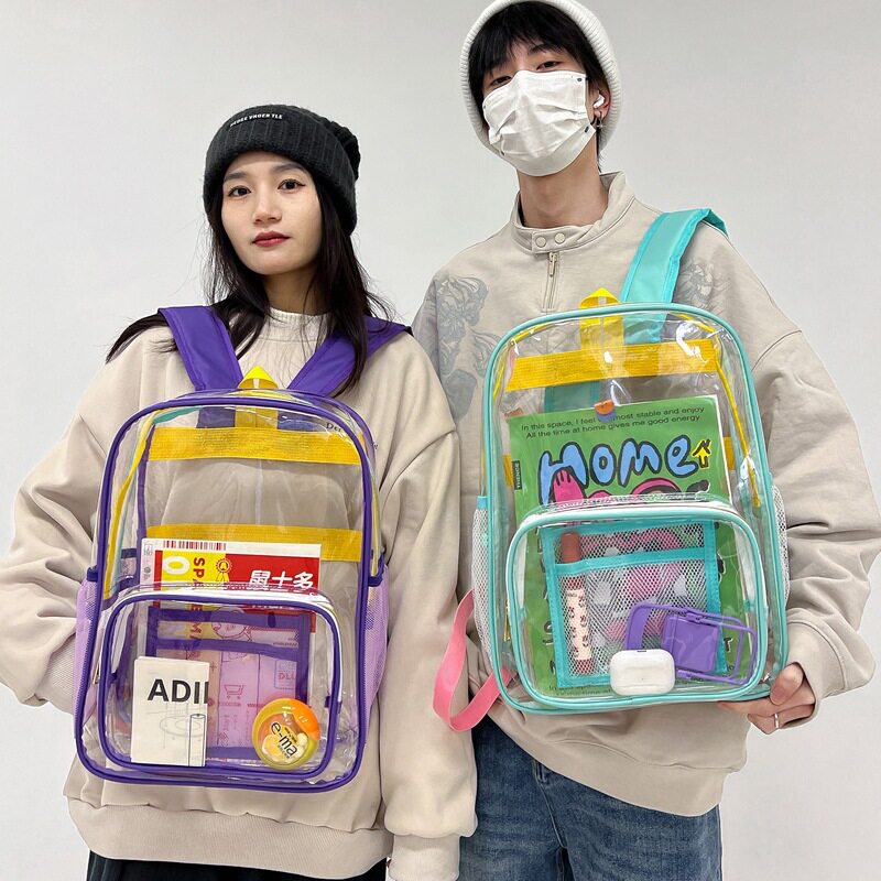 彩色多巴胺撞色透明PVC双肩包韩版潮流透明学生包PVC包