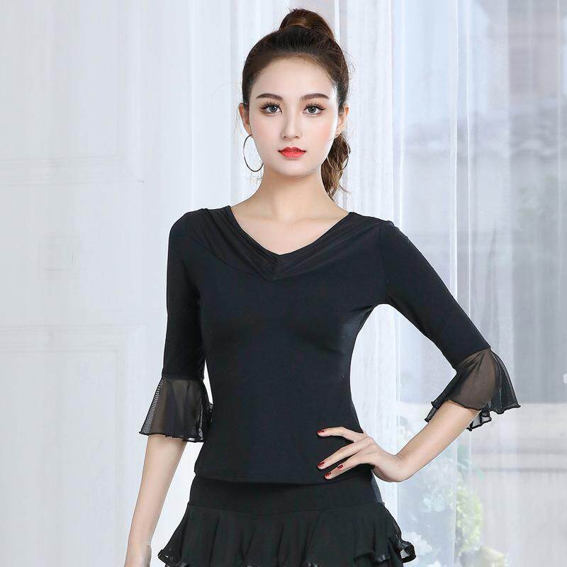 舞蹈练功服女成人新款形体训练黑色喇叭袖现代舞跳舞拉丁舞装上衣