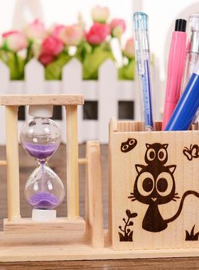 笔筒流沙木质 卡通印画摆件 办公沙漏计时器 创意礼物 定制