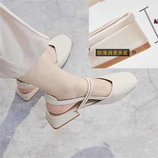 女包头夏季 方头一字扣女凉鞋 新款 中跟粗跟女鞋 洋气潮 法式 高跟凉鞋