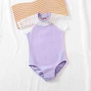 舞蹈服儿童女短袖芭蕾舞练功服女童蕾丝体服黑色体操服中国舞上衣