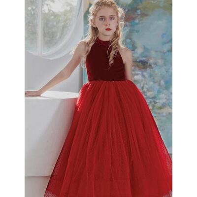 钢琴演出服女童小提琴演奏表演服红色主持儿童走秀礼服花童公主裙