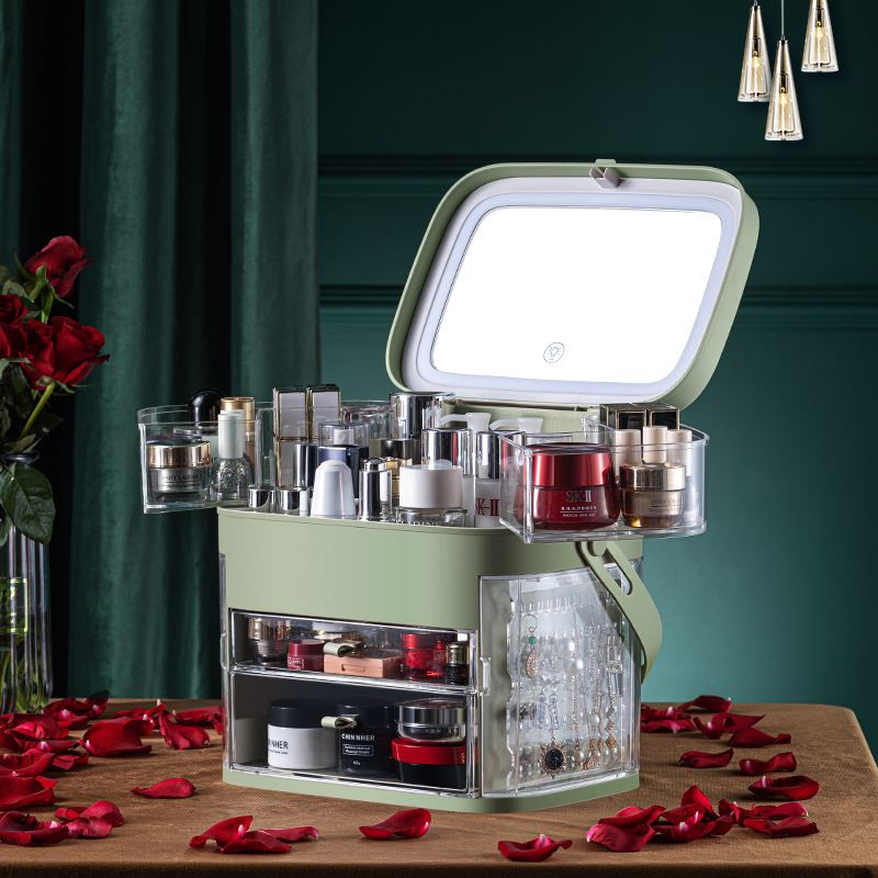 网红化妆品收纳盒防尘护肤品梳妆台桌面led带镜子首饰一体置物架