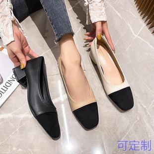 小香风浅口工作方头高跟瓢鞋 拼色粗跟单鞋 春季 中跟2027新款 女法式