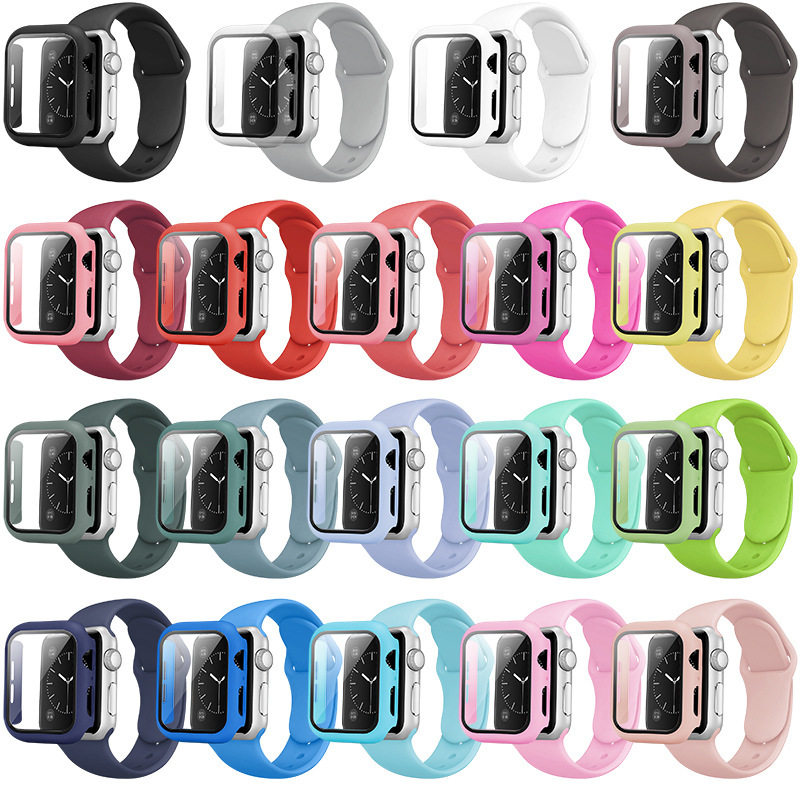 适用苹果手表Apple Watch硅胶表带+ PC磨砂钢化膜保护壳iwatch654