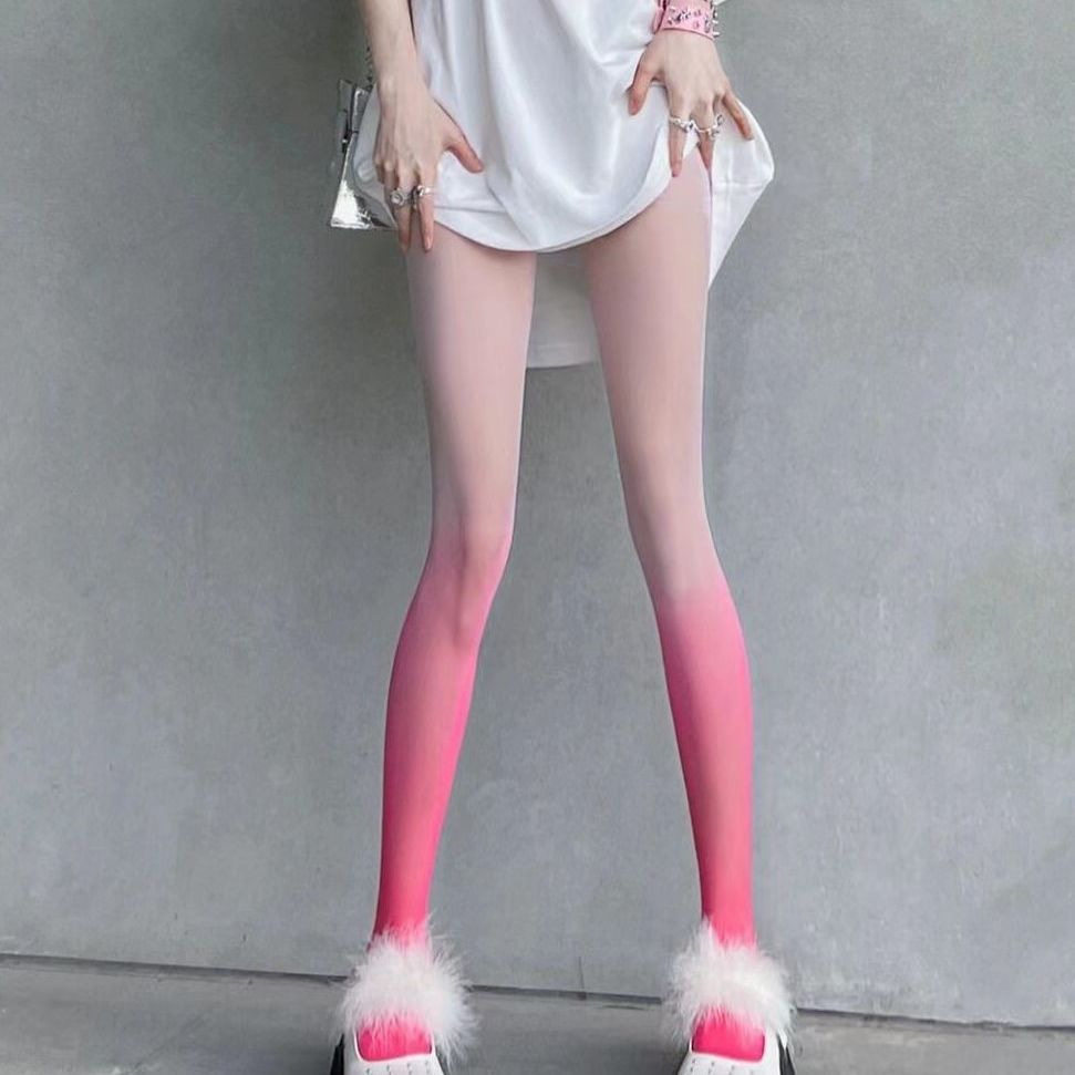 袜子女夏欲渐变色丝袜薄款蕾丝网红打底袜黑灰色连裤袜
