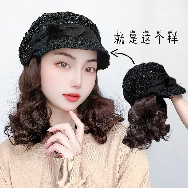 假发帽子一体女款秋冬时尚小礼帽韩版百搭短卷发小卷仿真发全头套