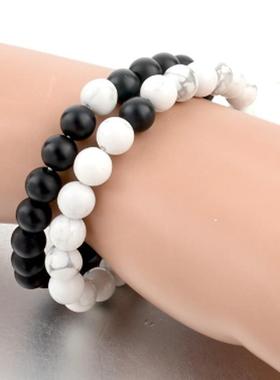 外贸饰品 哑光黑磨砂白松石8mm 情侣手镯男女玛瑙手串 套装手链定