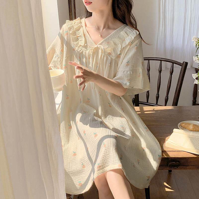 睡裙女夏季棉纱布短袖甜美公主风双层纱棉绸夏天睡衣裙子家居服