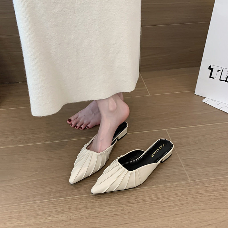 尖头半拖高级感2026年夏韩式凉拖女配裙子法式复古平底拖鞋女外穿