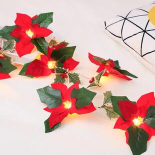 LED圣诞红花灯串红果装饰节诞门框扶梯一品红花装饰灯定制