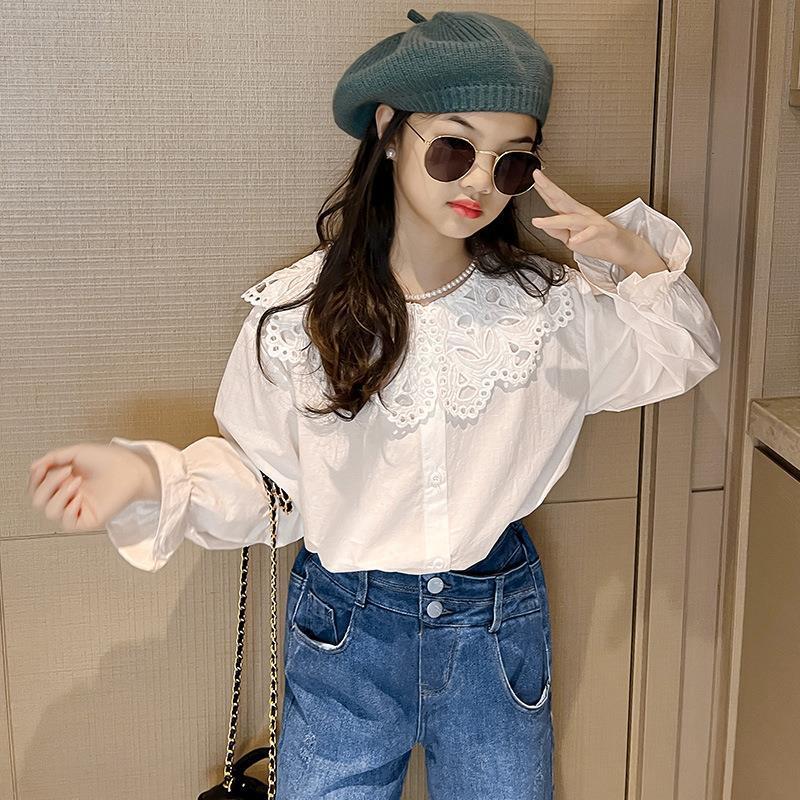 女童衬衫2025春装新款韩版喇叭袖上衣女孩中大童装白色长袖衬衣P